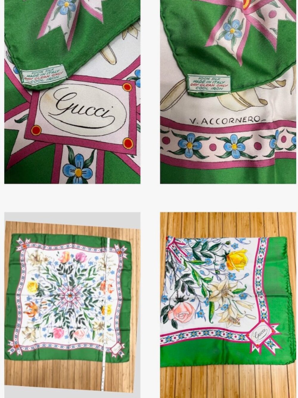 Beautiful Gucci V. ACCORNERO Floral Silk Satin Scarf  Green Beige Pink Flora (22 - Picture 8 of 16